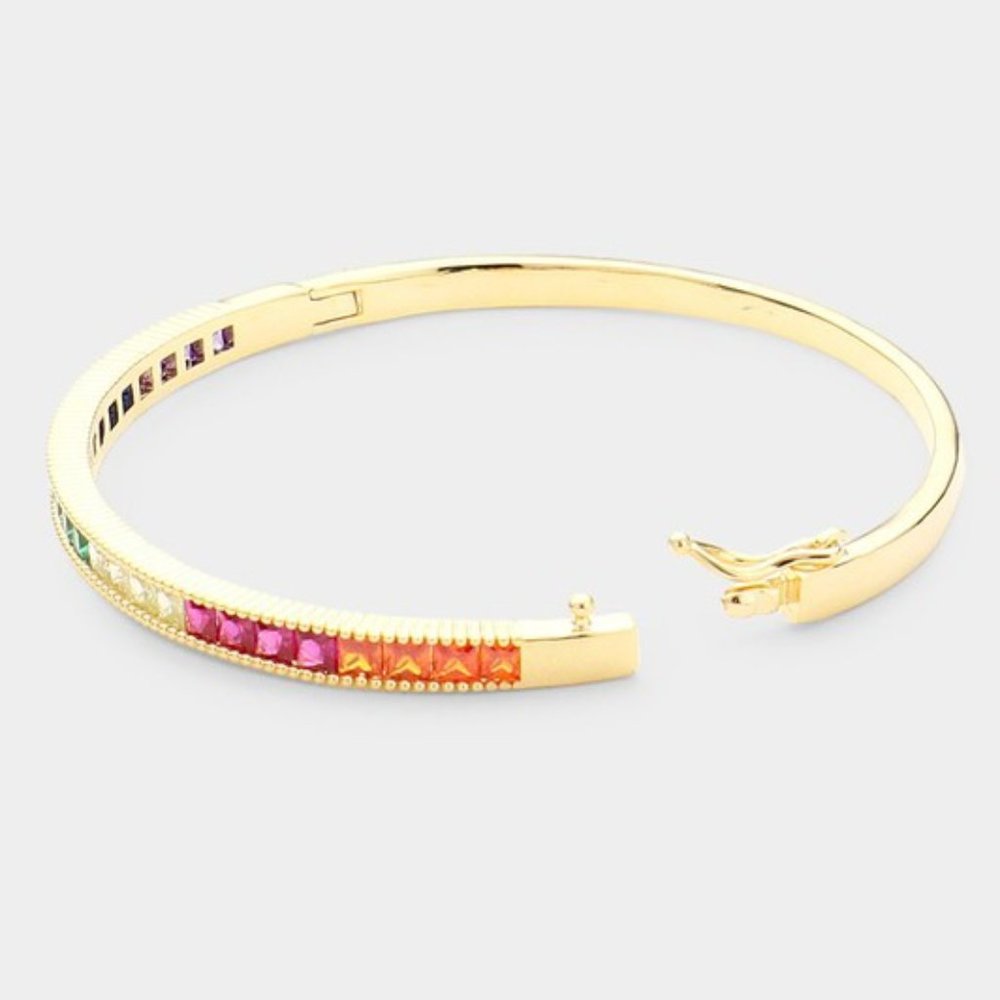 1 LEFT!! RAINBOW RHINESTONE GOLD PLATED BANGLE BRACELET - Picture 2 of 2